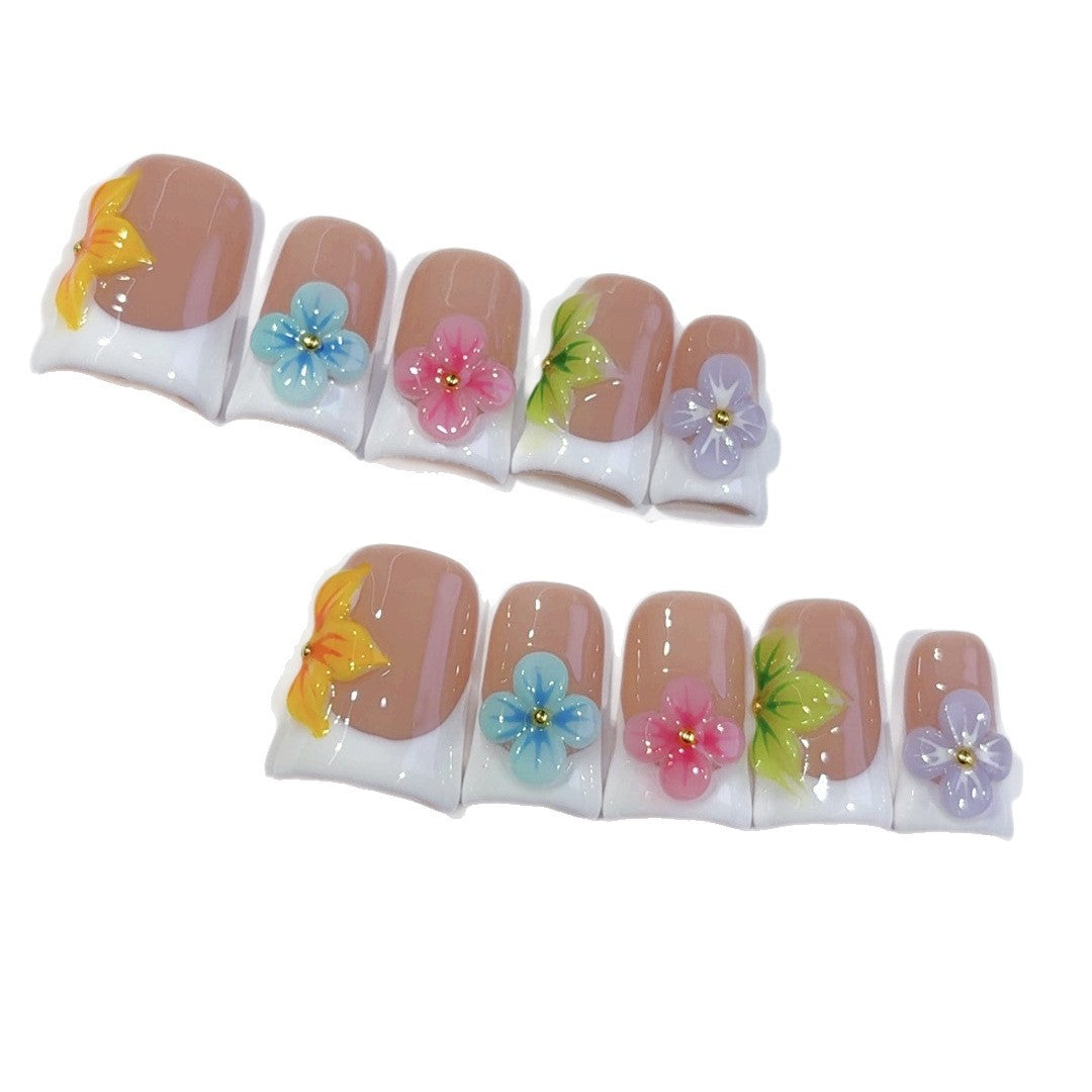 Rainbow Floral French: "Colorful Flower" – Square Press-On Nails
