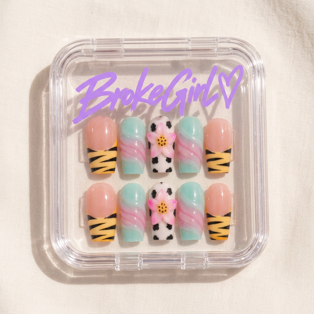 Broke Girl Pastel Zebra 3D Lotus Nails in Branded Acrylic Box