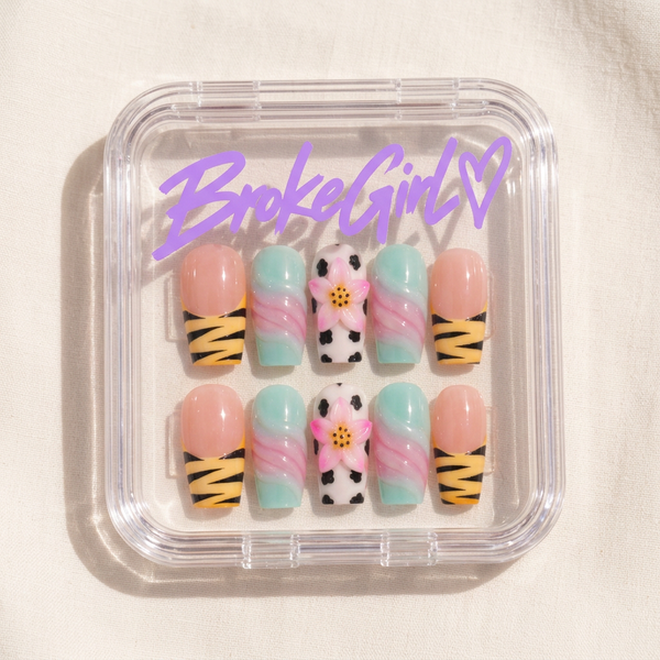 Pastel Zebra Nails with 3D Lotus and Colorful Stripes