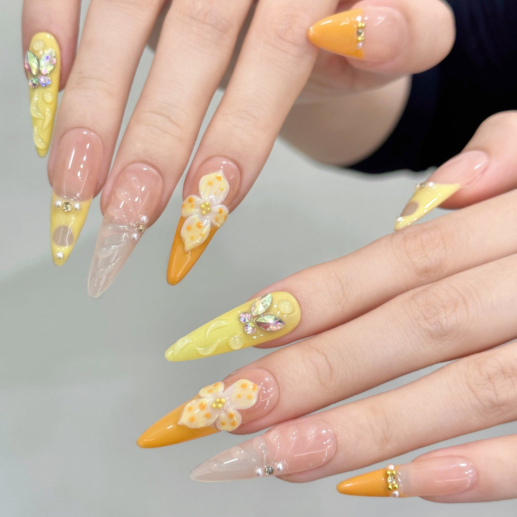 365nails: "Citrus Garden" – 3D Floral & Butterfly Handmade Long Almond Nails