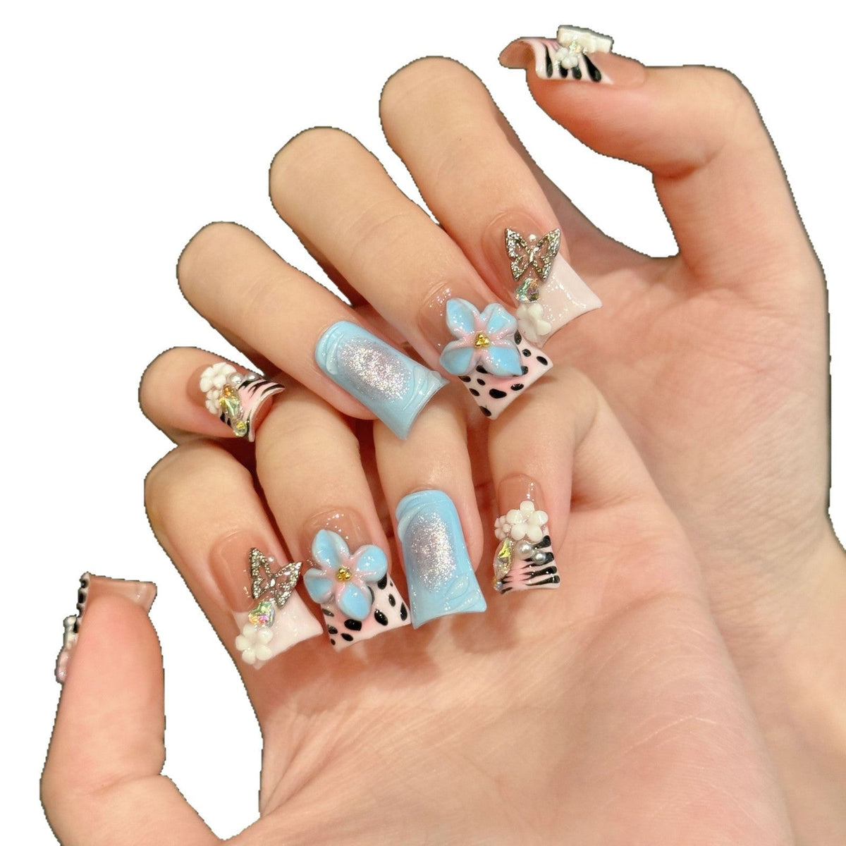 3D Hand Painted Nails with Pastel Florals and Star Accents
