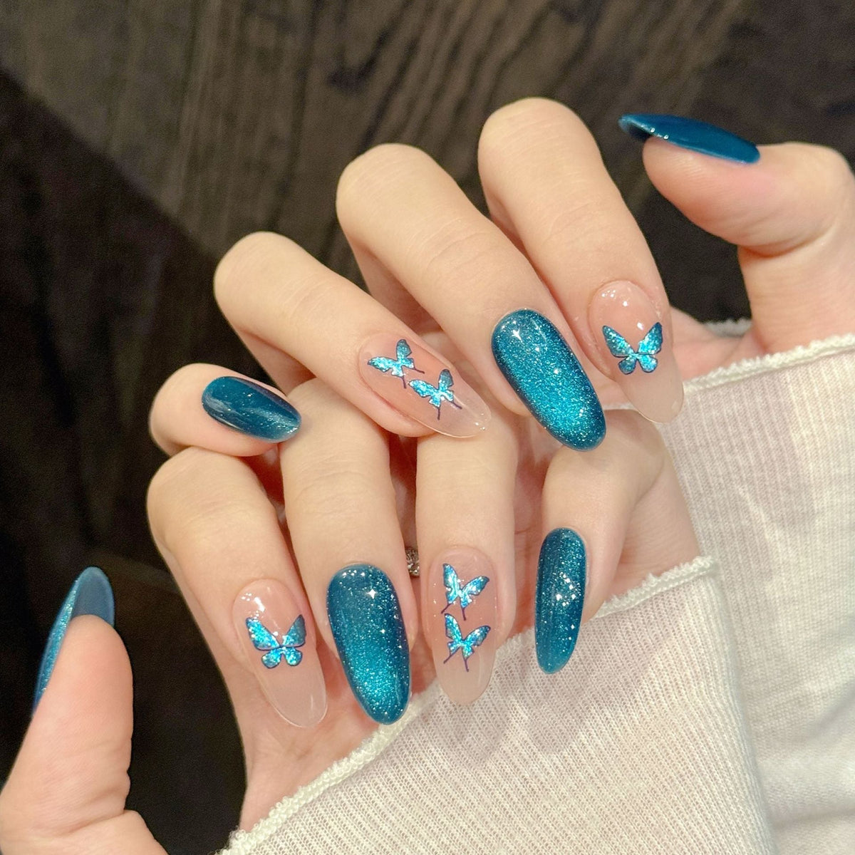 Blue Glitter Butterfly Nude Sparkle Fresh Elegant Press On Nails