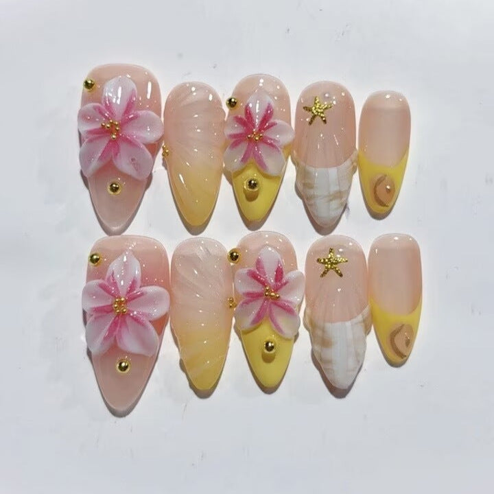 Tropical Bloom: "Pink Hibiscus Glow" – Almond Shape Handmade Press-Ons