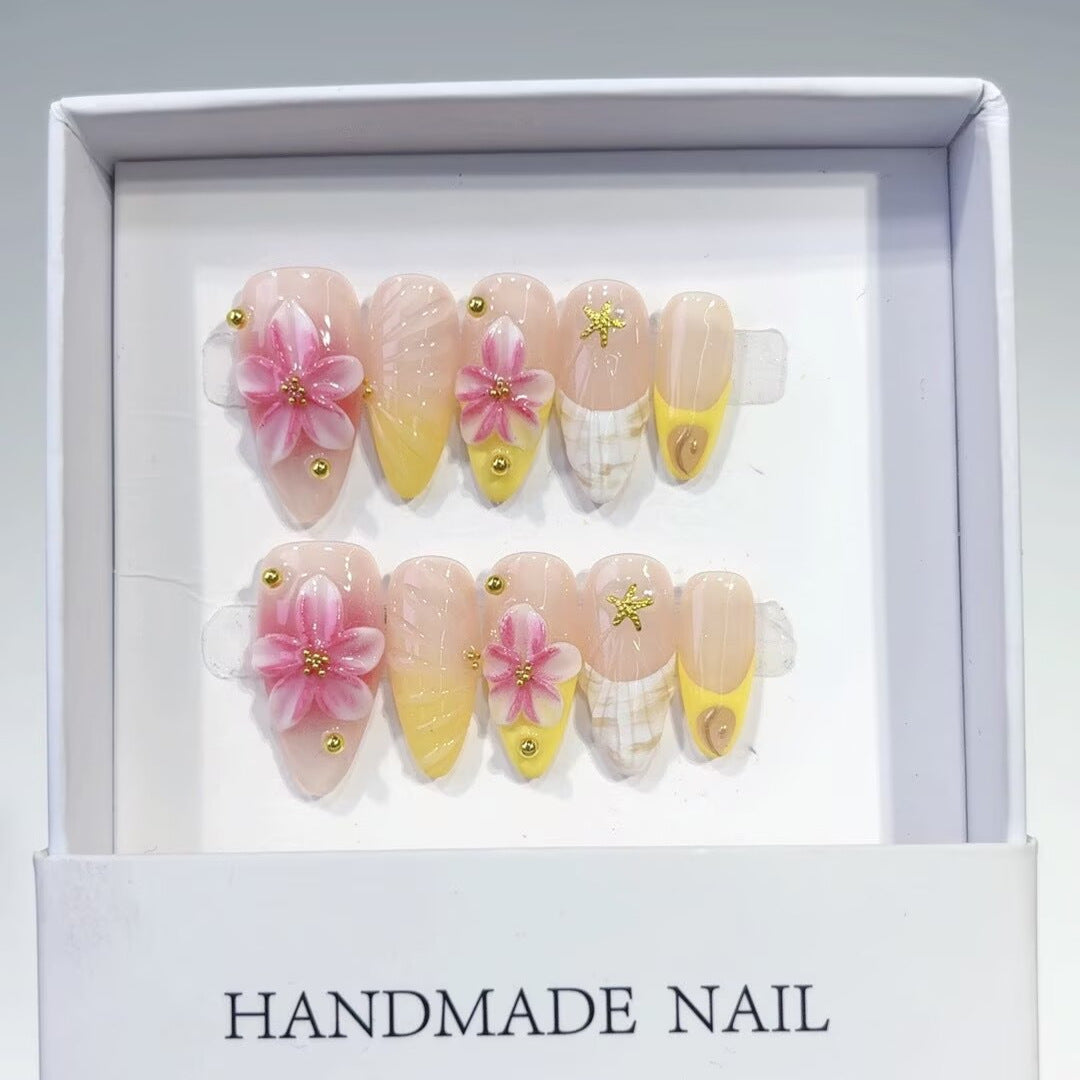 Tropical Bloom: "Pink Hibiscus Glow" – Almond Shape Handmade Press-Ons
