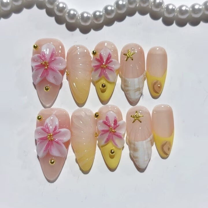 Tropical Bloom: "Pink Hibiscus Glow" – Almond Shape Handmade Press-Ons