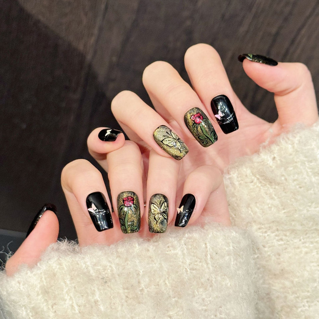 365nails: "Gothic Garden" – 3D Floral & Butterfly Handmade Medium Coffin Nails