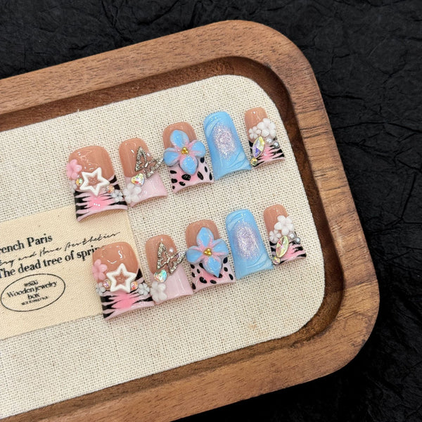 3D Hand Painted Nails with Pastel Florals and Star Accents