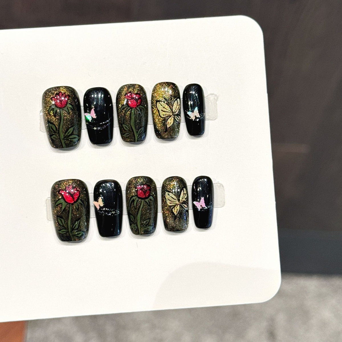 365nails: "Gothic Garden" – 3D Floral & Butterfly Handmade Medium Coffin Nails