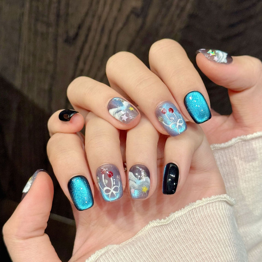 365nails: "Midnight Ocean" – Hand-Painted Jellyfish Cat-Eye Short Square Nails