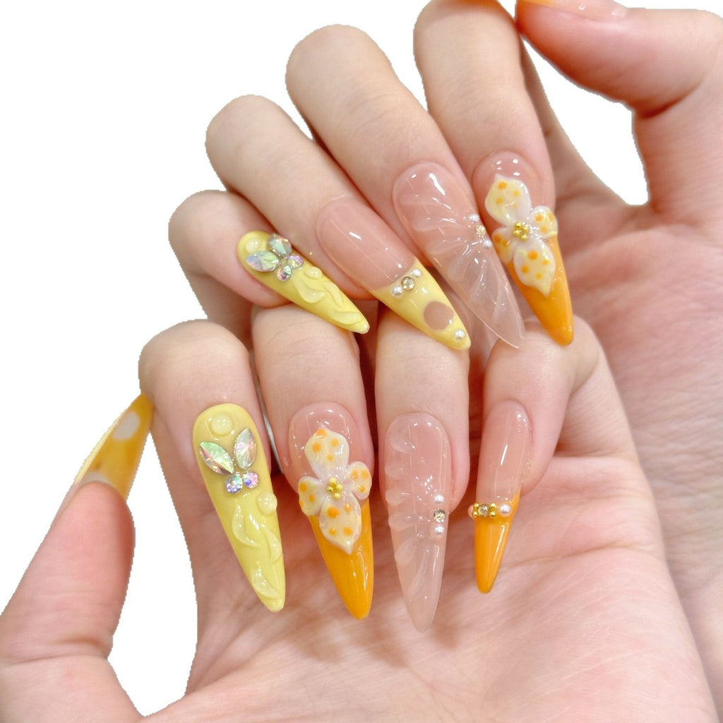 365nails: "Citrus Garden" – 3D Floral & Butterfly Handmade Long Almond Nails