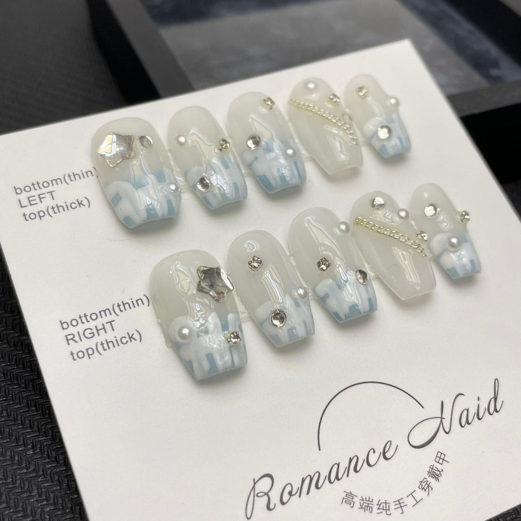 365nails: "Winter Symphony" – 3D Crystal & Pearl Handmade Square Nails