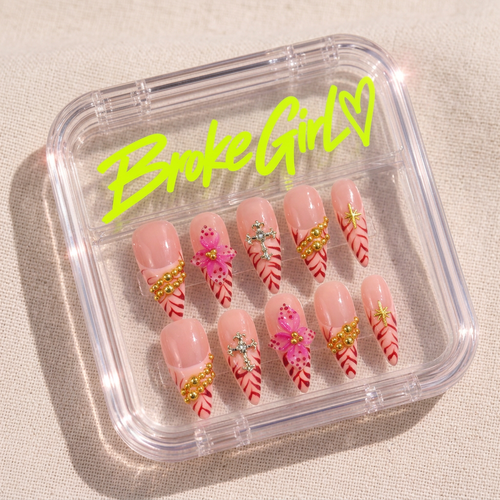 Broke Girl Pink Paradise 3D Floral Nails in Branded Acrylic Box