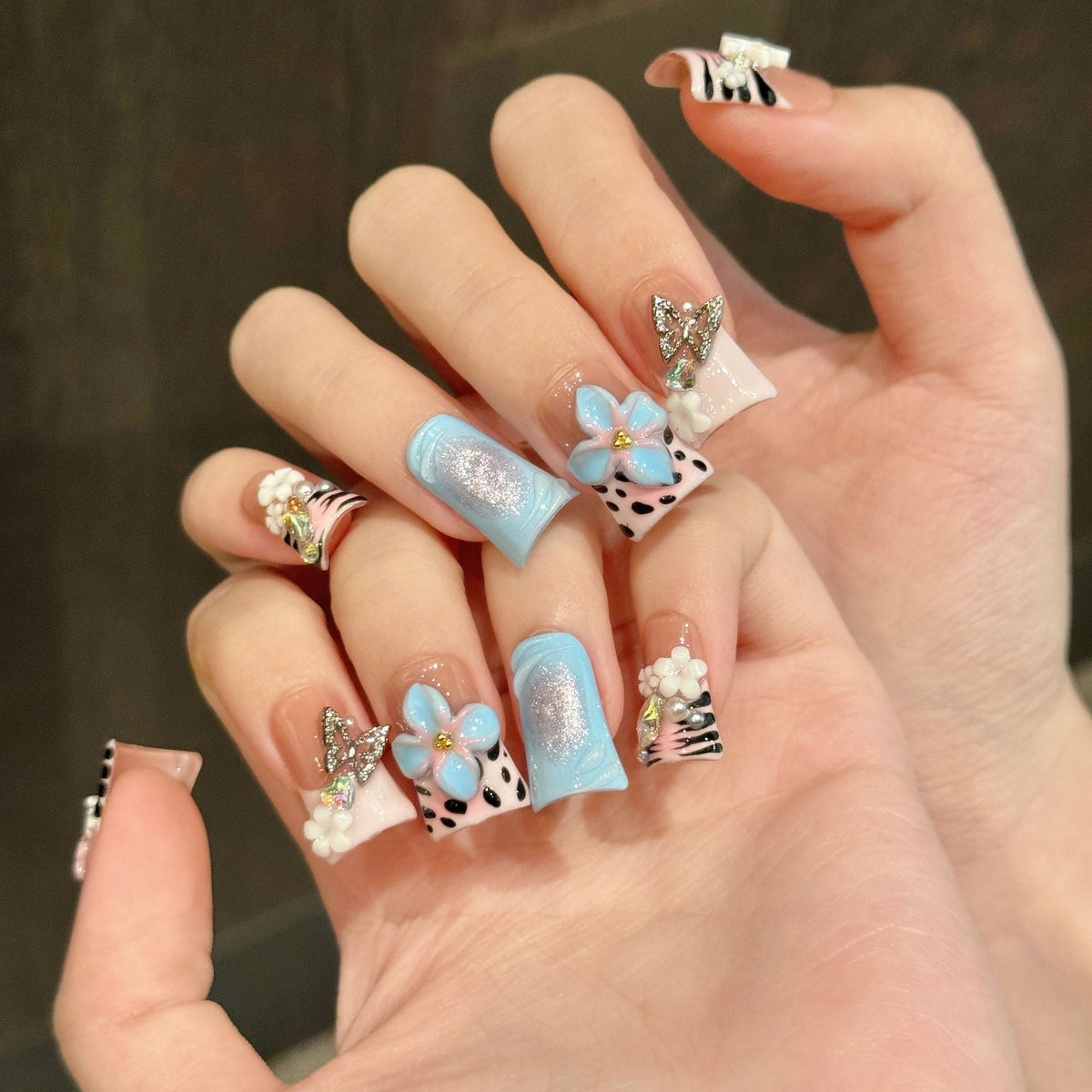 3D Hand Painted Nails with Pastel Florals and Star Accents