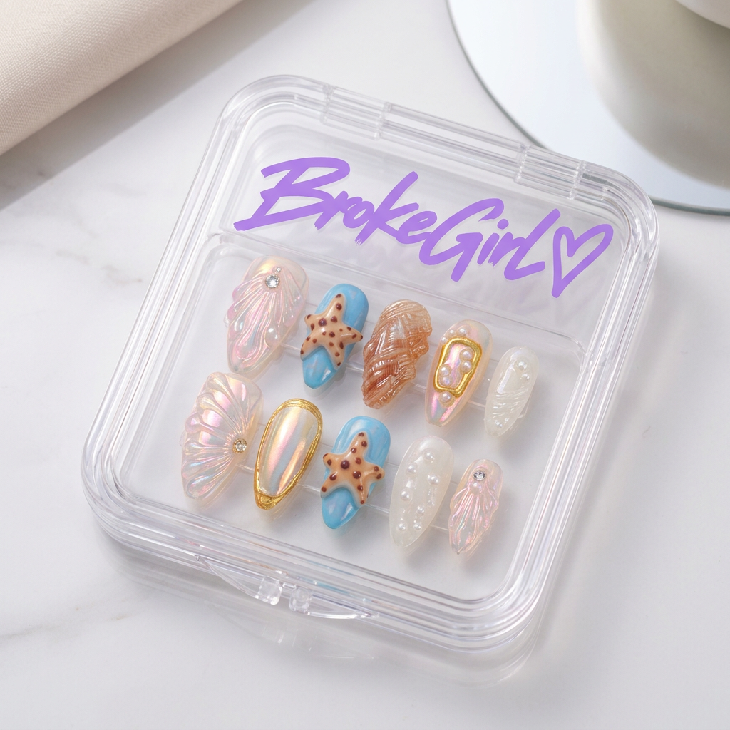 Broke Girl Iridescent Sea Shell & Starfish Nails in Branded Acrylic Box