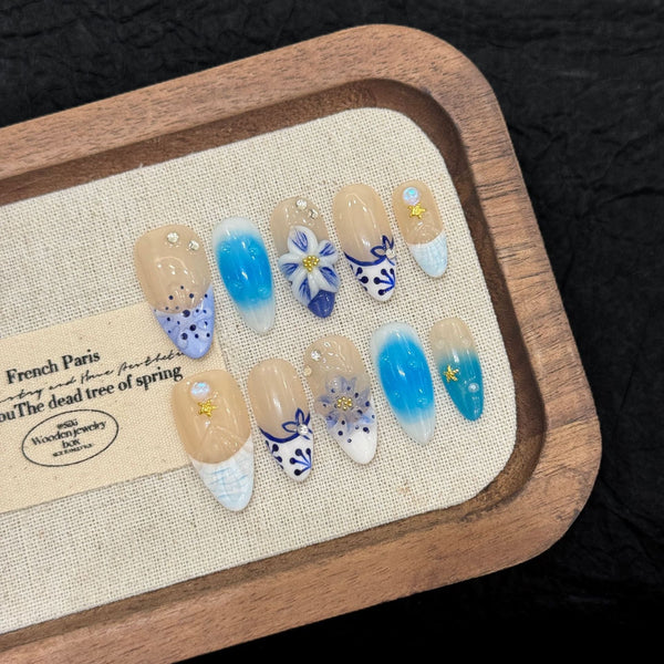Blue Floral Gradient Chic Summer Press On Nails