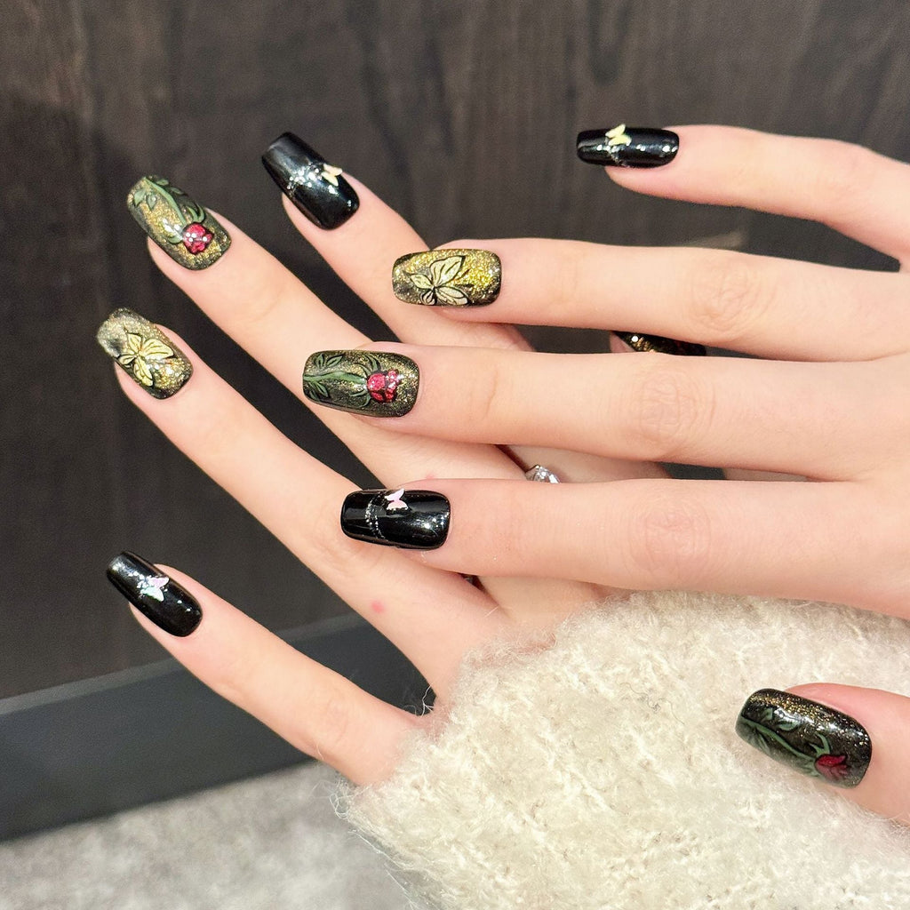 365nails: "Gothic Garden" – 3D Floral & Butterfly Handmade Medium Coffin Nails