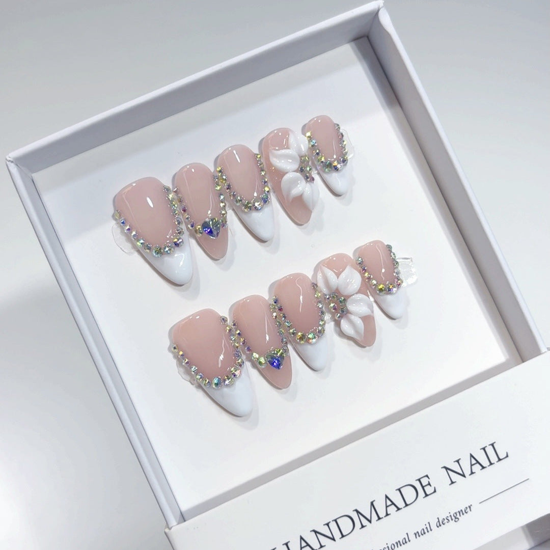 Elegant Rhinestone Floral: "White Flower" – Almond Press-On Nails