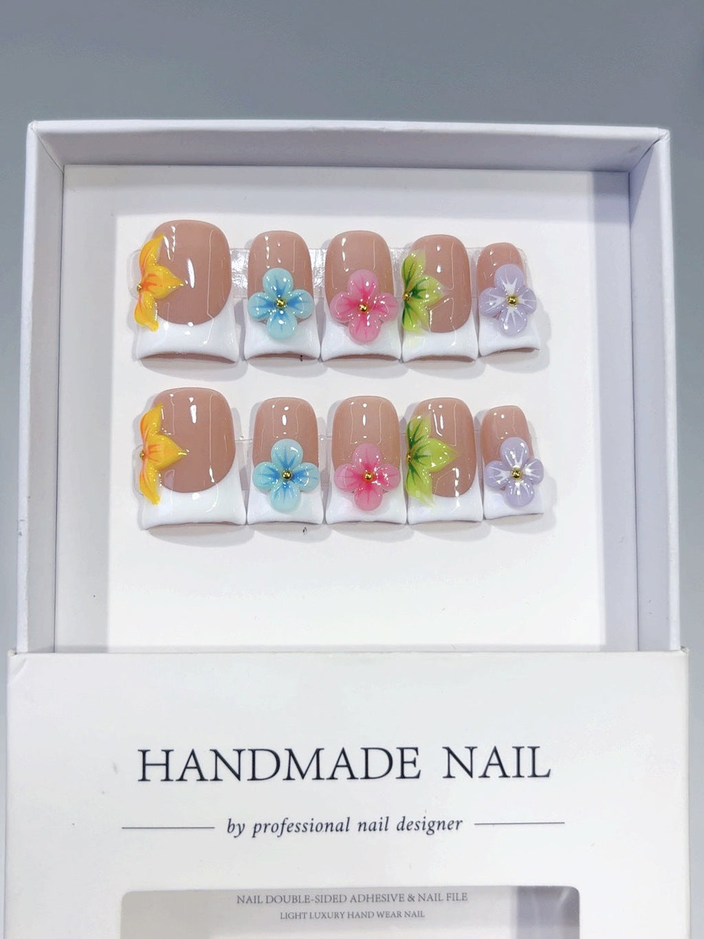 Rainbow Floral French: "Colorful Flower" – Square Press-On Nails