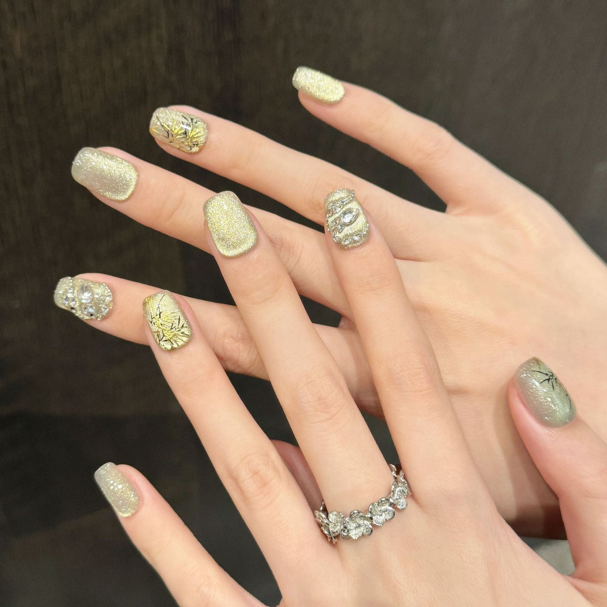 365nails: "Gilded Blossom" – 3D Pearl & Floral Handmade Short Square Nails