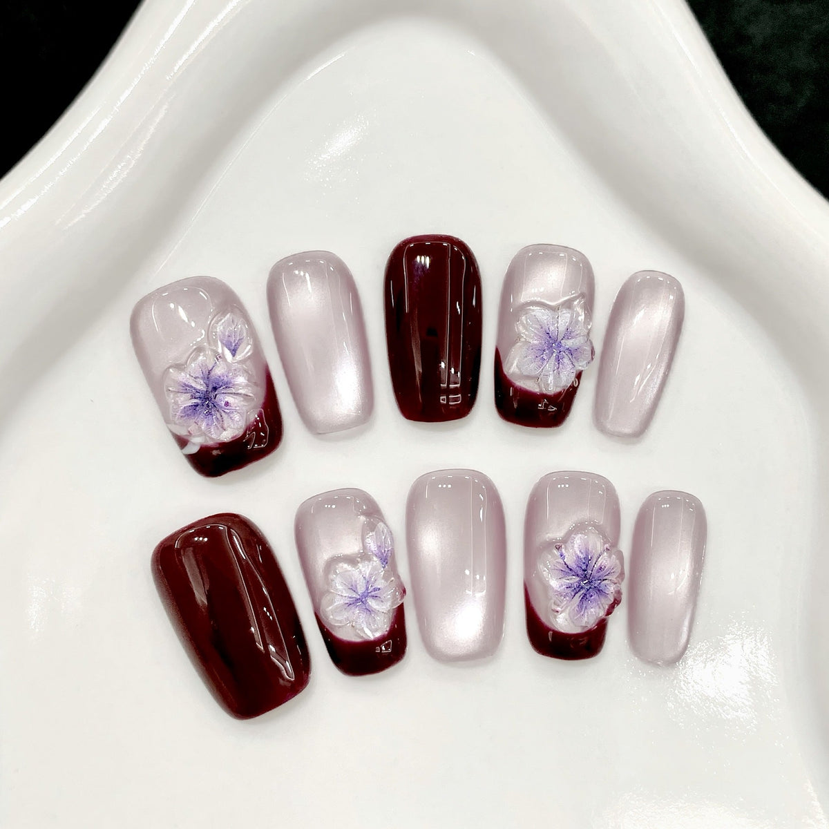 365nails: "Midnight Bloom" – Hand-Painted Floral Gradient Handmade Medium Square Nails