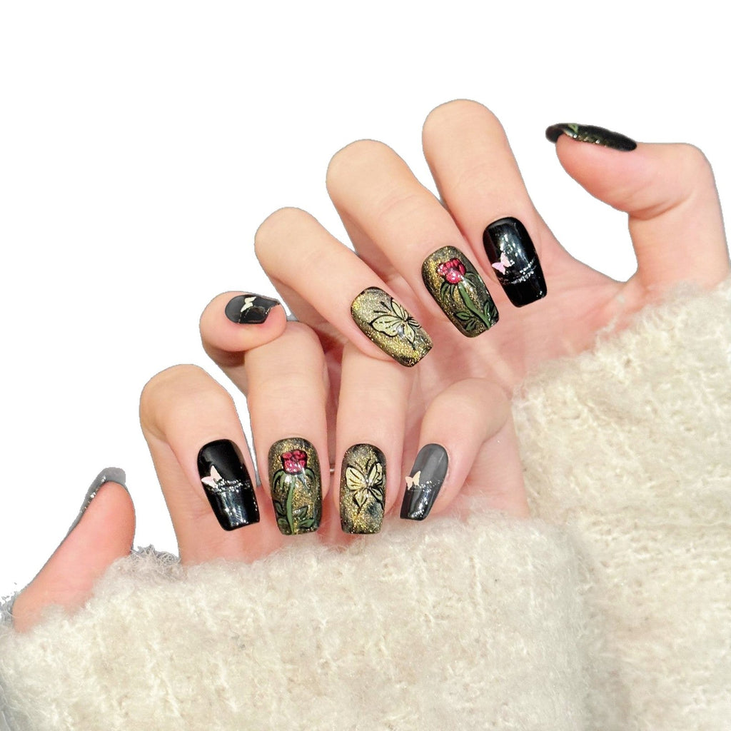 365nails: "Gothic Garden" – 3D Floral & Butterfly Handmade Medium Coffin Nails