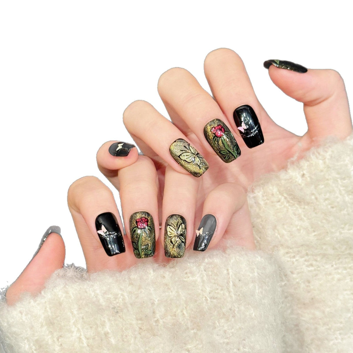 365nails: "Gothic Garden" – 3D Floral & Butterfly Handmade Medium Coffin Nails