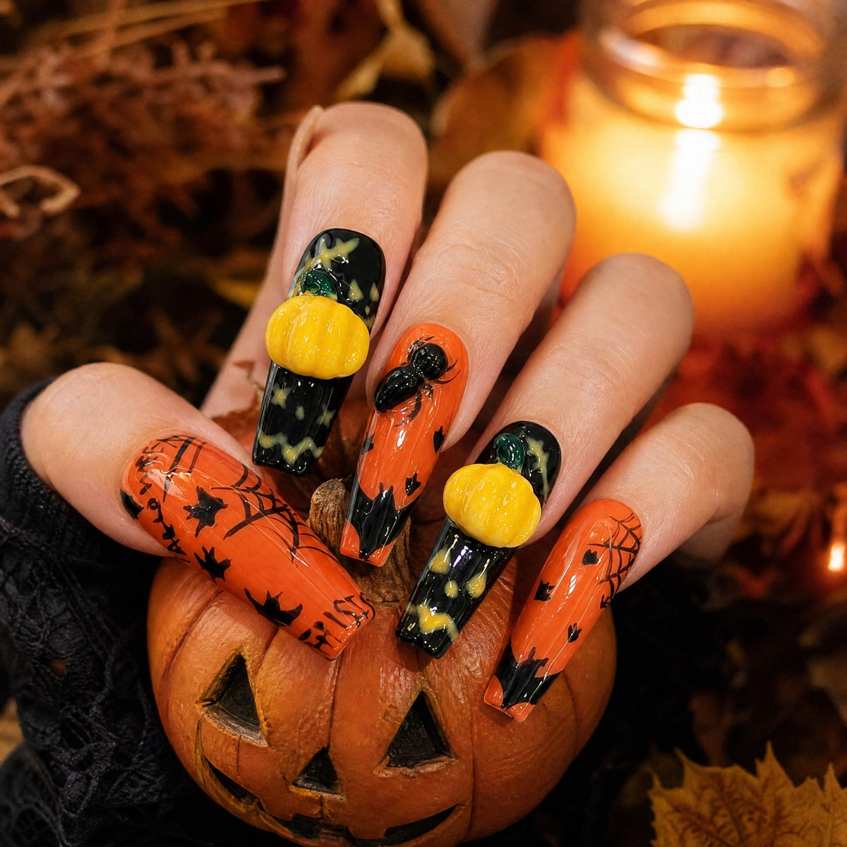 Halloween pumpkin spider coffin press on nails in a Halloween scene with a carved pumpkin