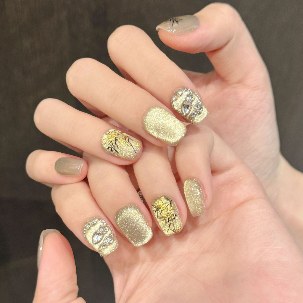 365nails: "Gilded Blossom" – 3D Pearl & Floral Handmade Short Square Nails