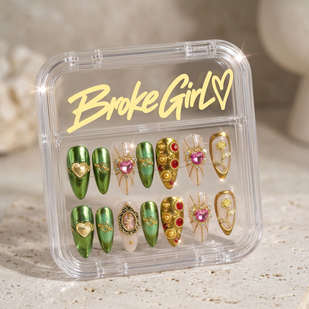 Broke Girl Green Gold Baroque Vintage Gem Nails in Branded Acrylic Box
