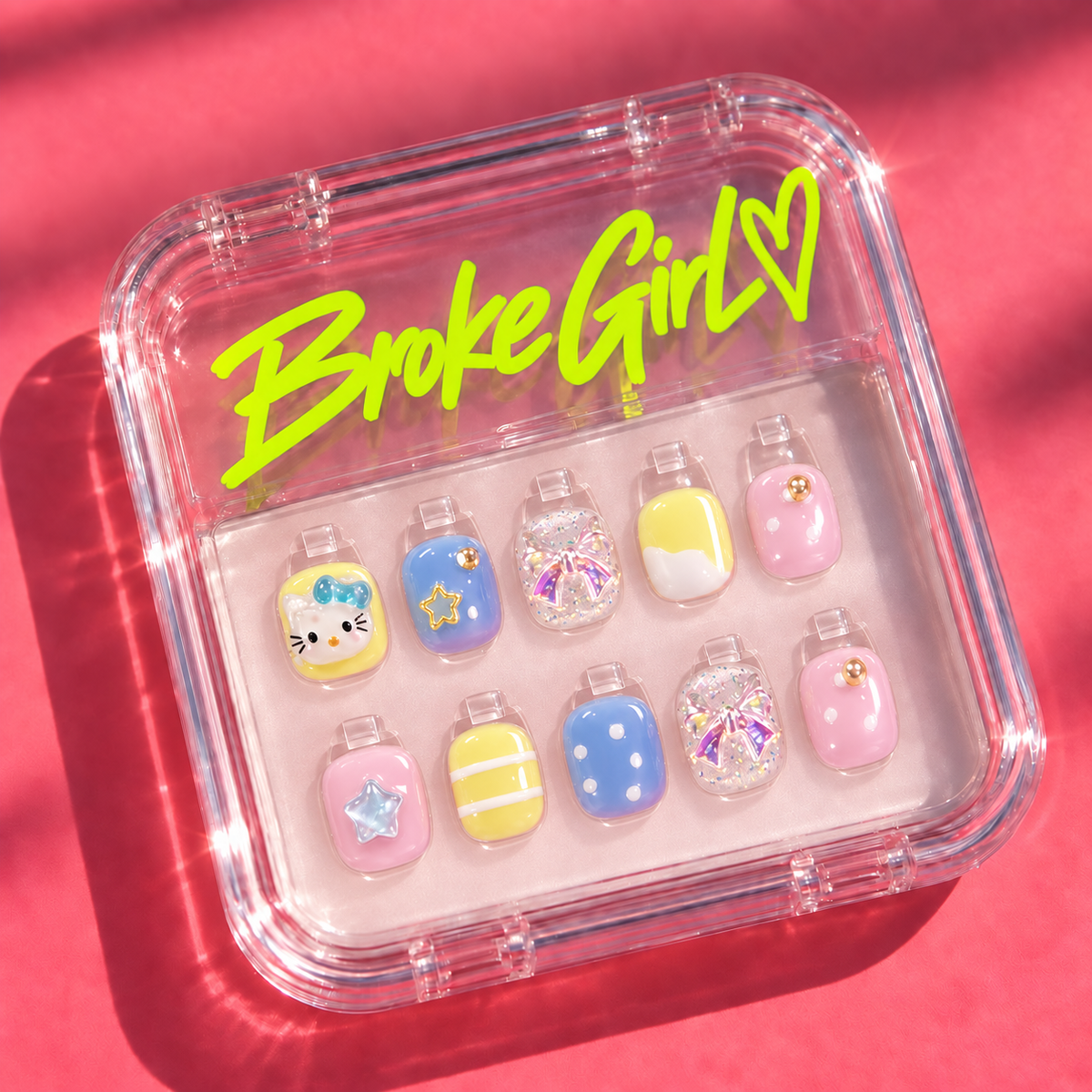 Cute Pastel Cartoon Kids Press On Nails with Crystal Accents