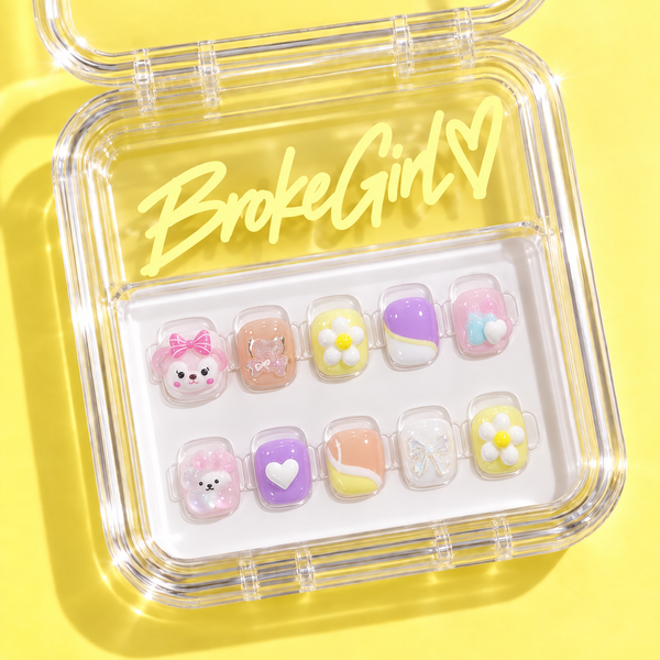Cute Pastel Bear Flower Kids Press On Nails Set
