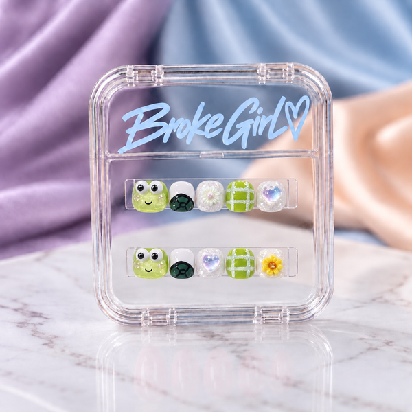 Cute Big Frog Kids Press On Nails with Green Accents