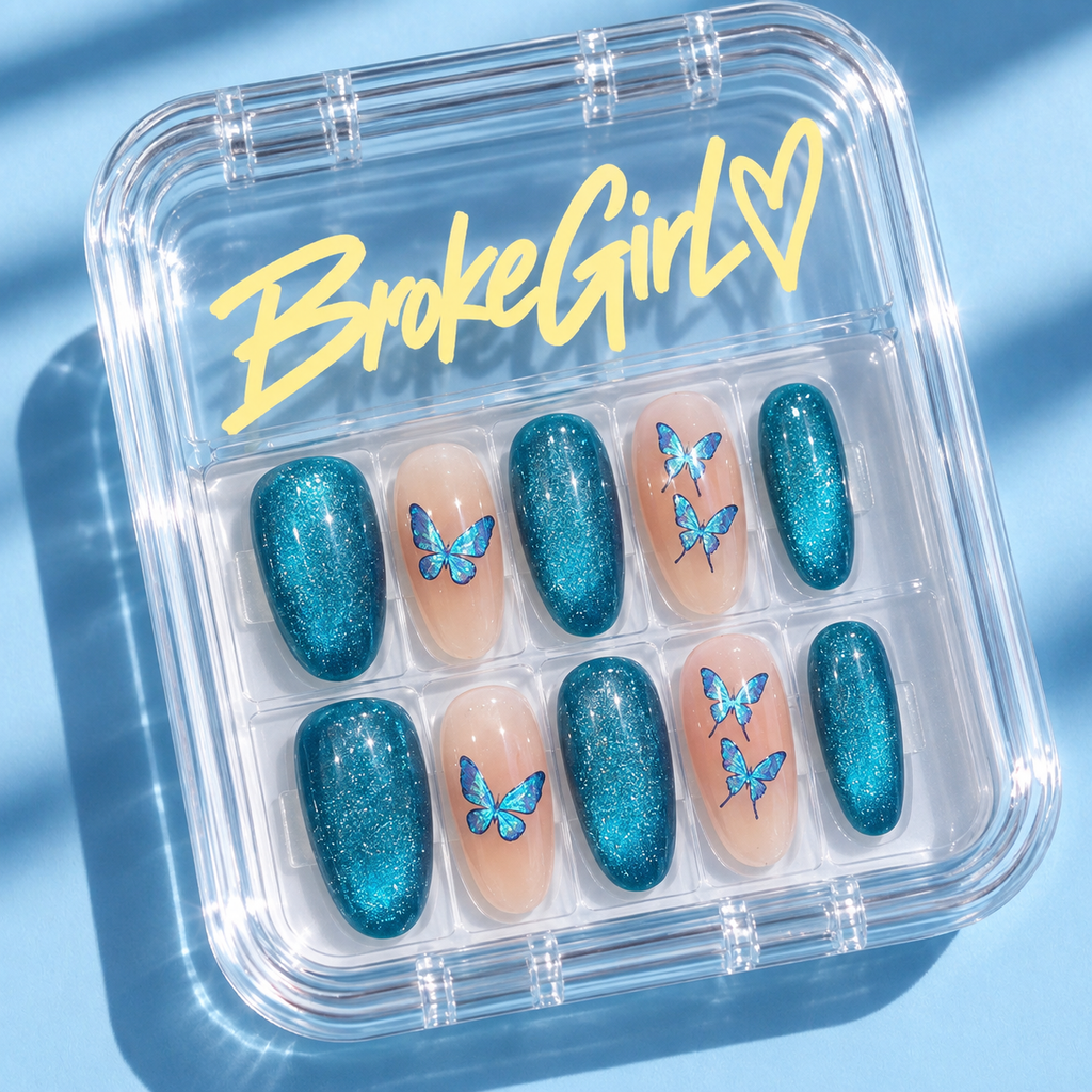 Blue Glitter Butterfly Nude Sparkle Fresh Elegant Press On Nails