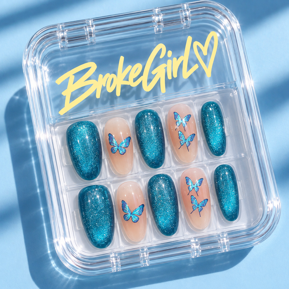 Blue Glitter Butterfly Nude Sparkle Fresh Elegant Press On Nails