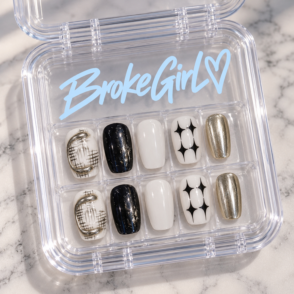 365nails: "Noir Geometry" – 3D Metallic & Checkerboard Handmade Short Square Nails