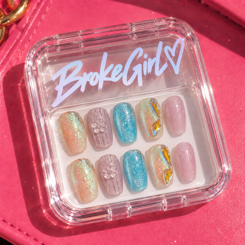 365nails: "Rainbow Bubbles" – 7D Cat Eye & Glass Bead Handmade Short Nails