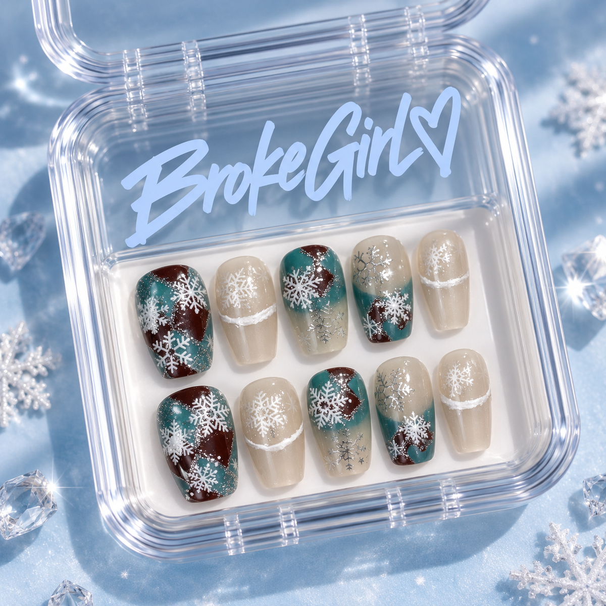 Blue and Red Snowflake Press‑On Nails – Winter Frost Short Design