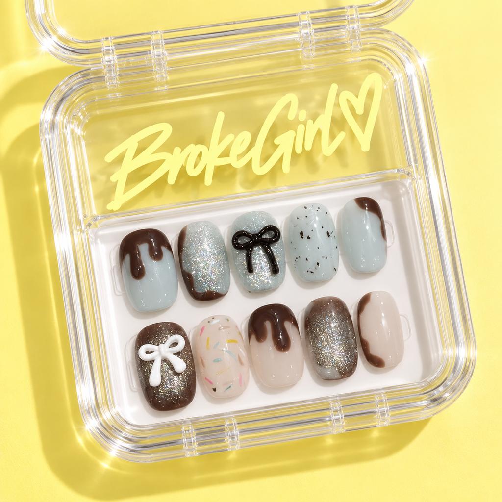 365nails: "Cocoa Bow" – 3D Bow & Chocolate Drip Handmade Short Nails