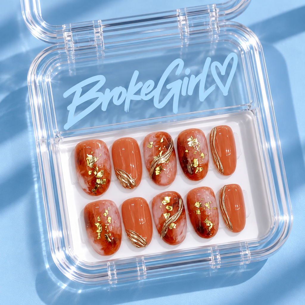 365nails: "Gilded Amber" – Gold Foil Marble Handmade Short Square Nails