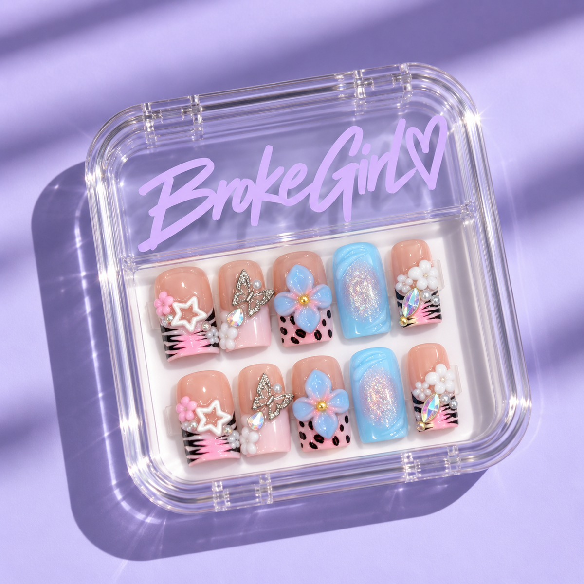 3D Hand Painted Nails with Pastel Florals and Star Accents