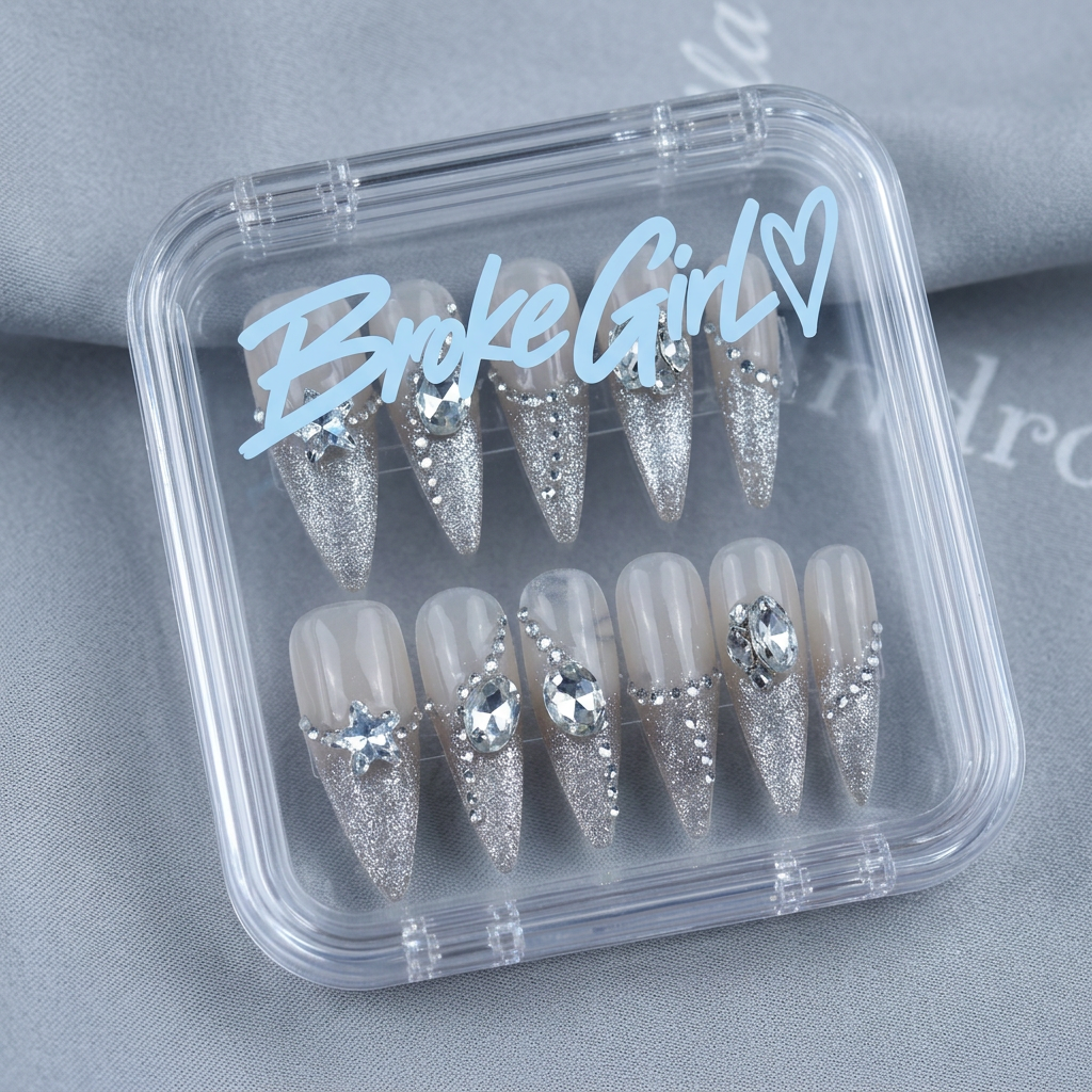Broke Girl Celestial Ice Crystal Stiletto Nails in Branded Acrylic Box
