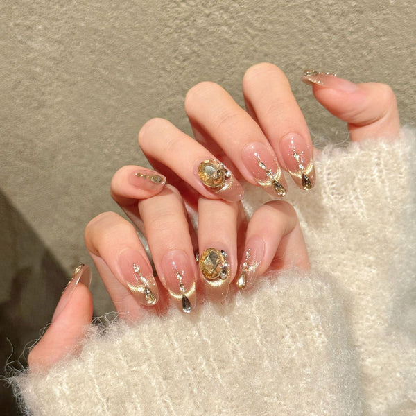 Elegant Pink Gradient Crystal Droplet Press On Nails