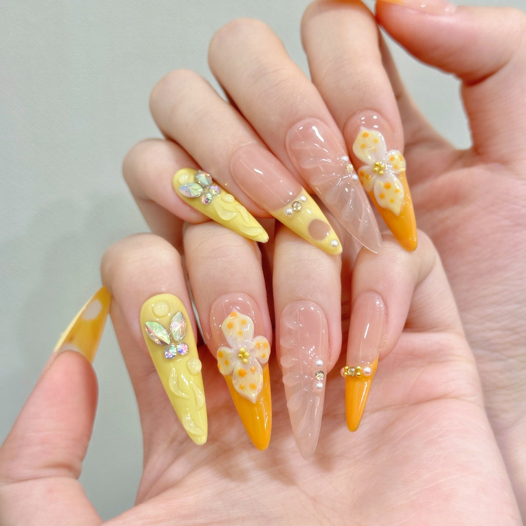 365nails: "Citrus Garden" – 3D Floral & Butterfly Handmade Long Almond Nails