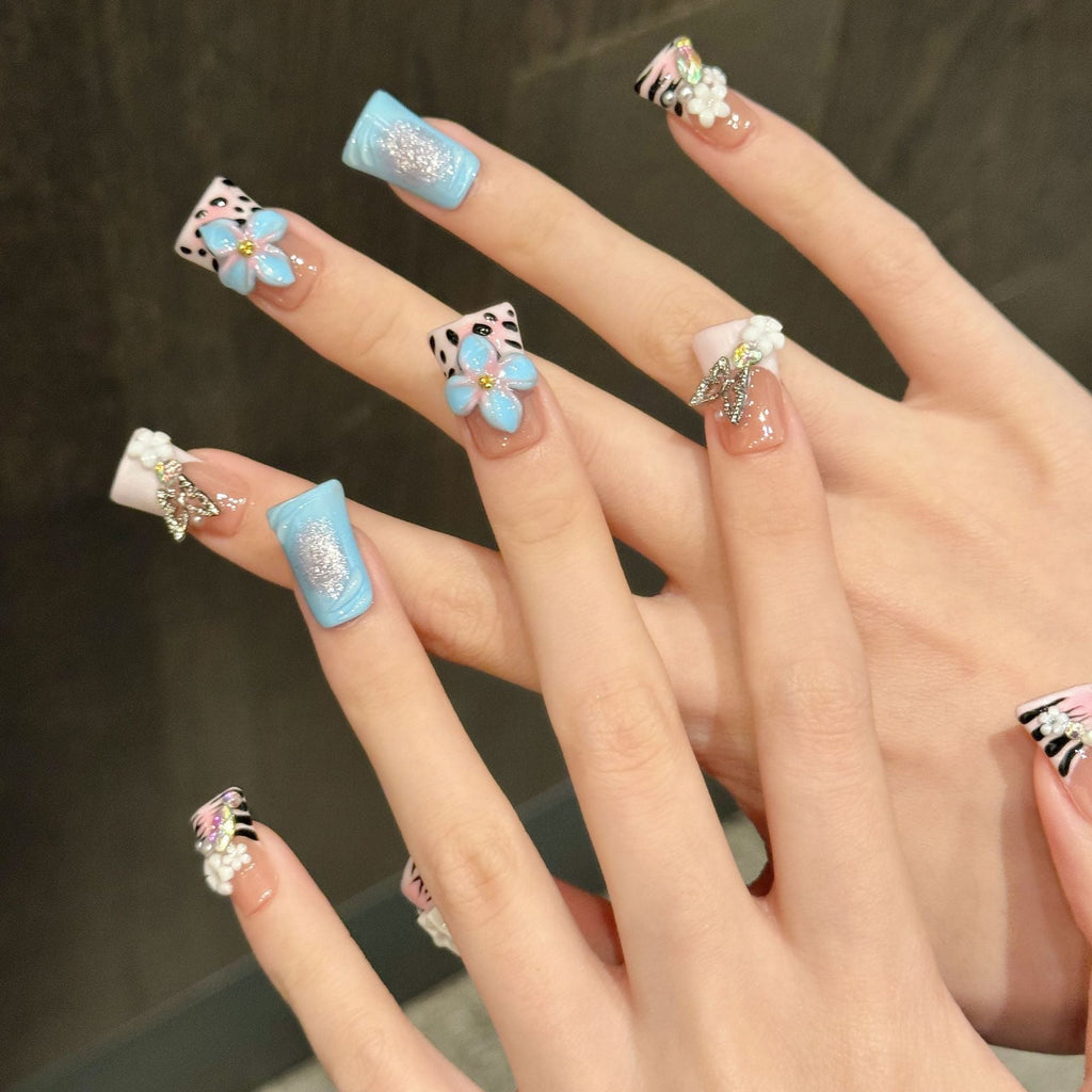 3D Hand Painted Nails with Pastel Florals and Star Accents