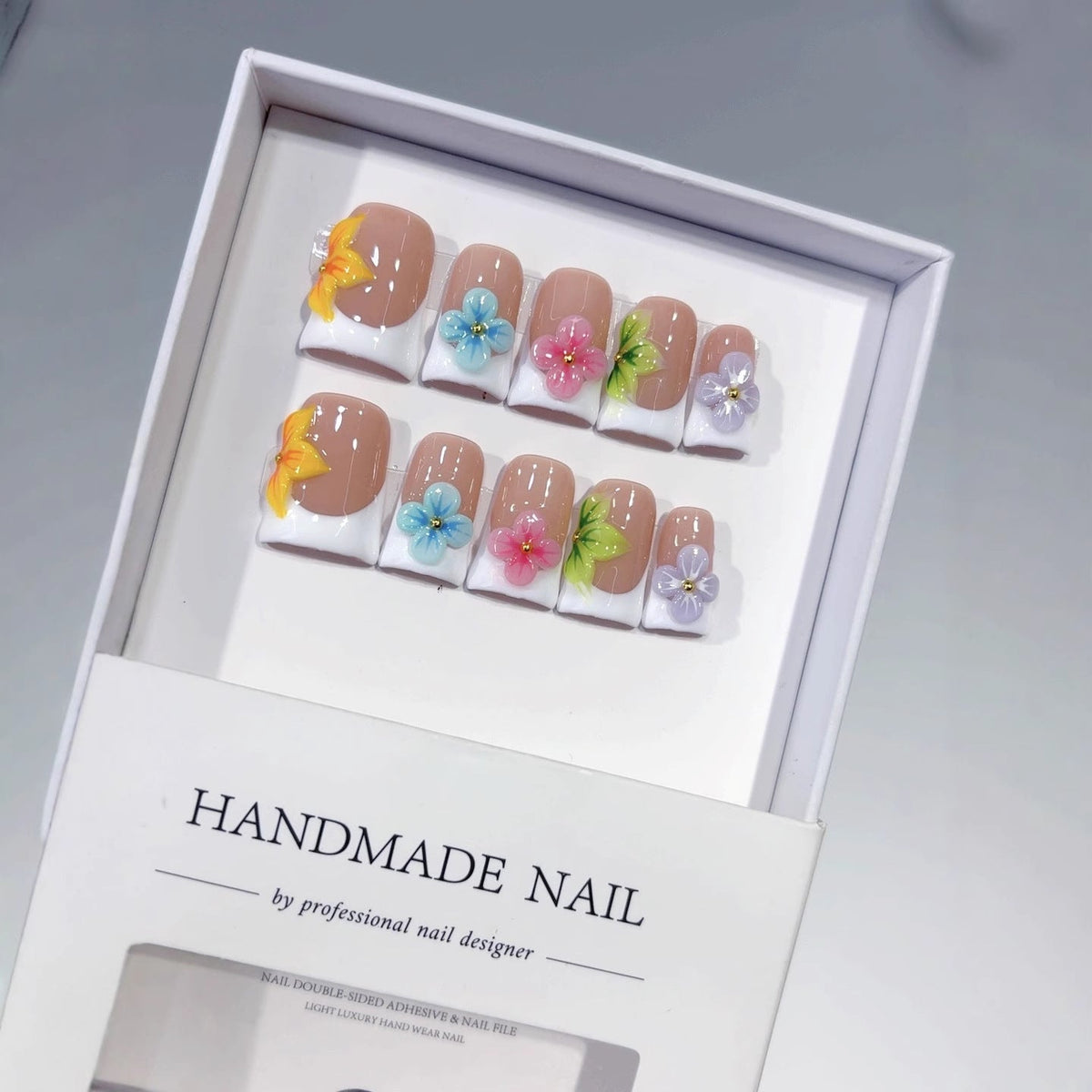 Rainbow Floral French: "Colorful Flower" – Square Press-On Nails