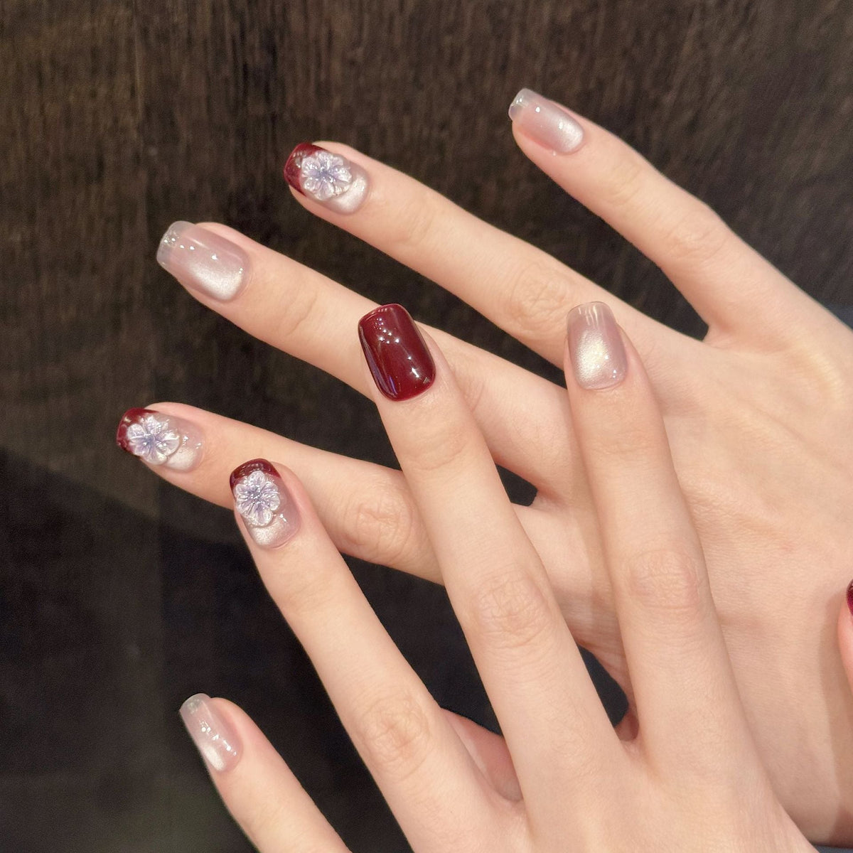365nails: "Midnight Bloom" – Hand-Painted Floral Gradient Handmade Medium Square Nails