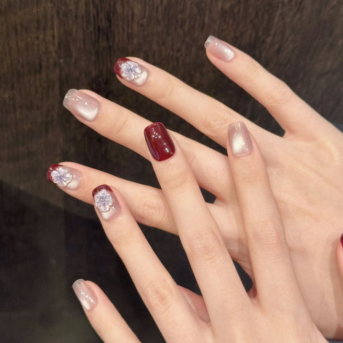 365nails: "Midnight Bloom" – Hand-Painted Floral Gradient Handmade Medium Square Nails
