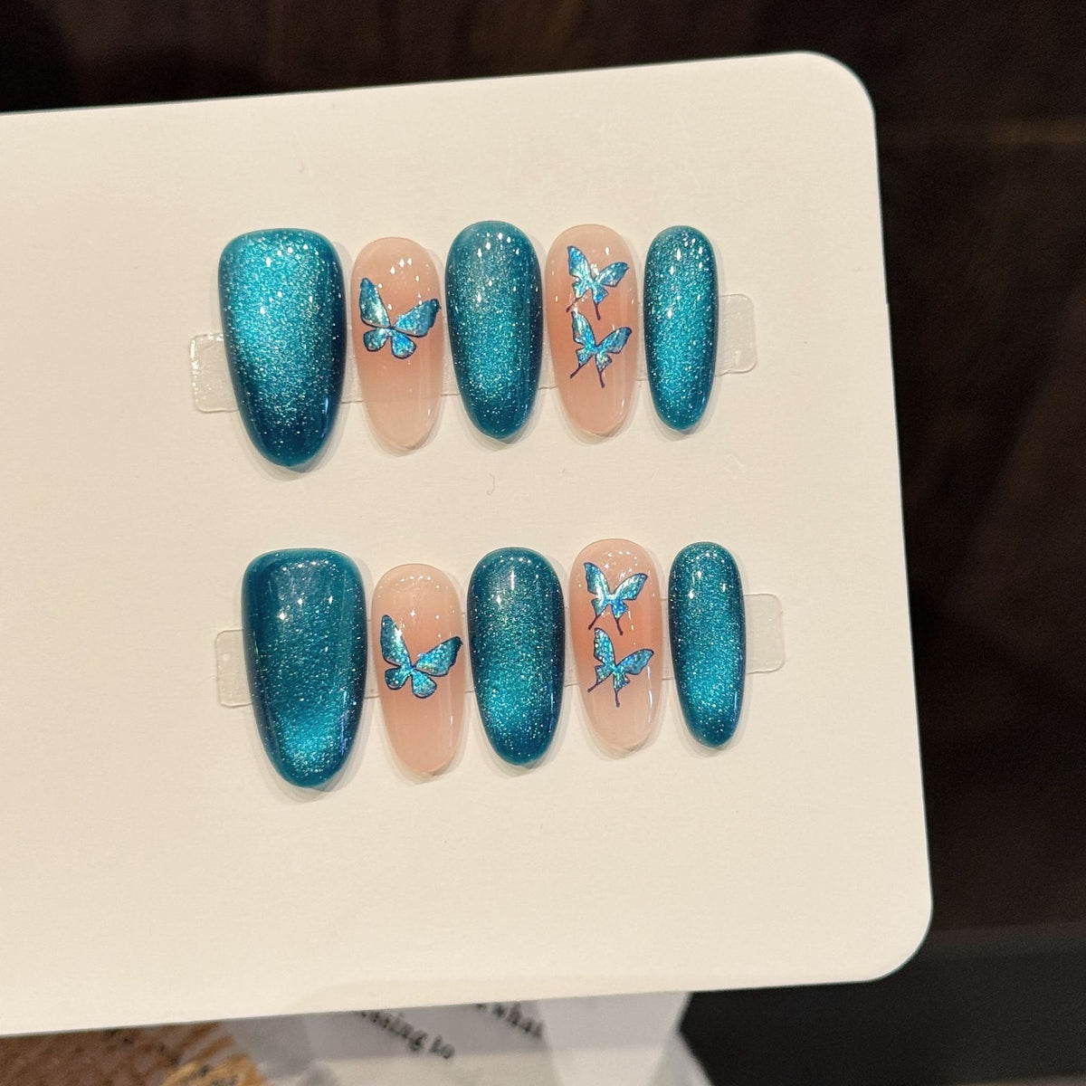 Blue Glitter Butterfly Nude Sparkle Fresh Elegant Press On Nails