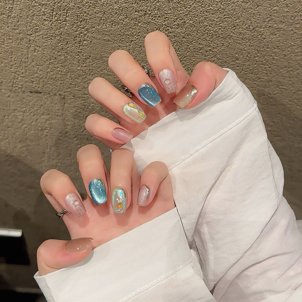 365nails: "Rainbow Bubbles" – 7D Cat Eye & Glass Bead Handmade Short Nails