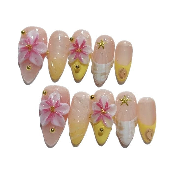 Tropical Bloom: "Pink Hibiscus Glow" – Almond Shape Handmade Press-Ons